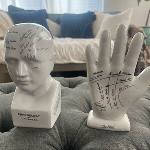 Phrenology Head and Palmistry Hand Figurines